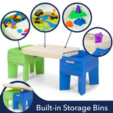 built in storage bins for sand, water, sensory play and a cup holder