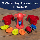 9 water toy accessories included - 1 spinner, two red pouring buckets, 4 boats, 2 cars