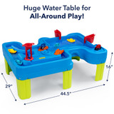 huge water table for all around play measures 29" wide by 44.5" long by 16" tall