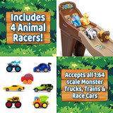 includes 4 animal racers - zebra, elephant, giraffe, lion and fits most 1:64 scale trucks and cars