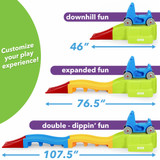 Coaster track has 3 lengths of 46 inches, 76.5 inches, and 107.5 inches for thrilling drop and dip adventures.