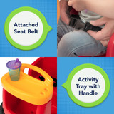 Features include seat belt for child and activity tray with security handle