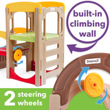 built-in climbing wall, 2 steering wheels