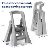 fold for convenient space saving storage measuring 34"H by 21.5"W by 20"D