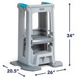 Toddler step stool tower has a space efficient footprint of 20.5 inches deep, 26 inches wide, 34 inches high.