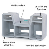 Reading nook has a contoured reading seat, charge cord openings, stay-in-place rubber feet, and non-slip book ridges