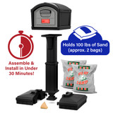 exploded view; easy to assemble in under 30 minutes and requires 100 lbs of dry sand