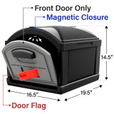 strong magnetic closure and bright red mail flag on the door; exterior dimensions measure 19" deep by 17" wide by 14.5" tall