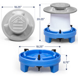 Farmstead Chicken Drinker top measures 18.25" wide. Farmstead Chicken Drinker base measures 18.25" wide by 6.75" tall