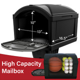 High capacity mailbox with interior dimensions measuring 16.5" deep by 13" wide by 10" high