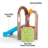 Features extra wide slide, steering wheel, and climbing wall with easy grip hand and foot holds